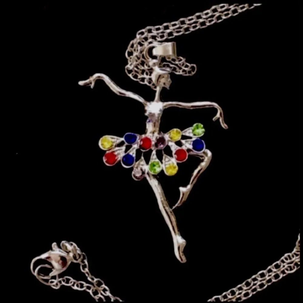 Crystal Ballerina with Rainbow Tutu Pendant Necklace